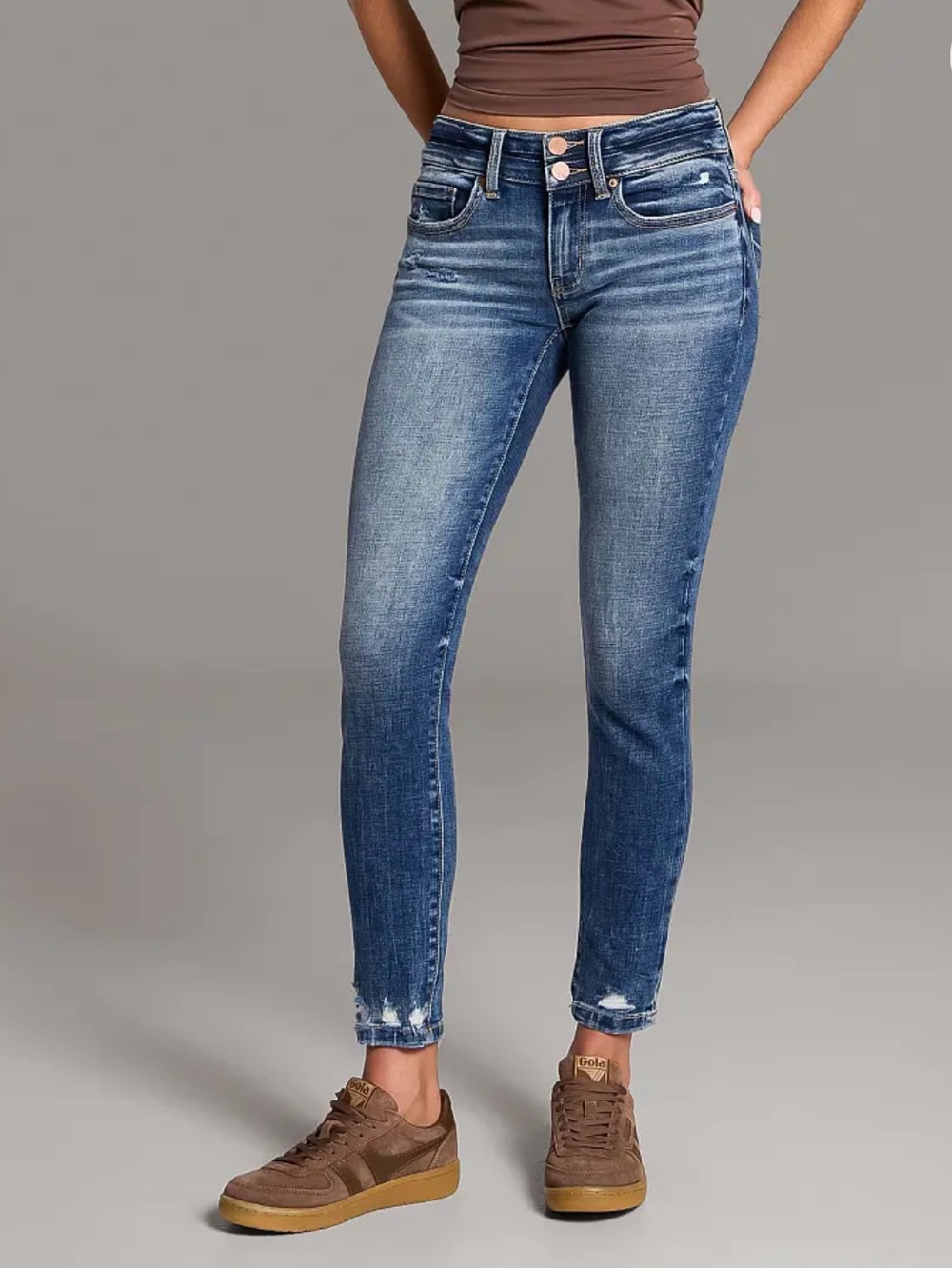 BKE Stella Low Rise Dark Blue Skinny Ankle Jeans with Distressed Hem